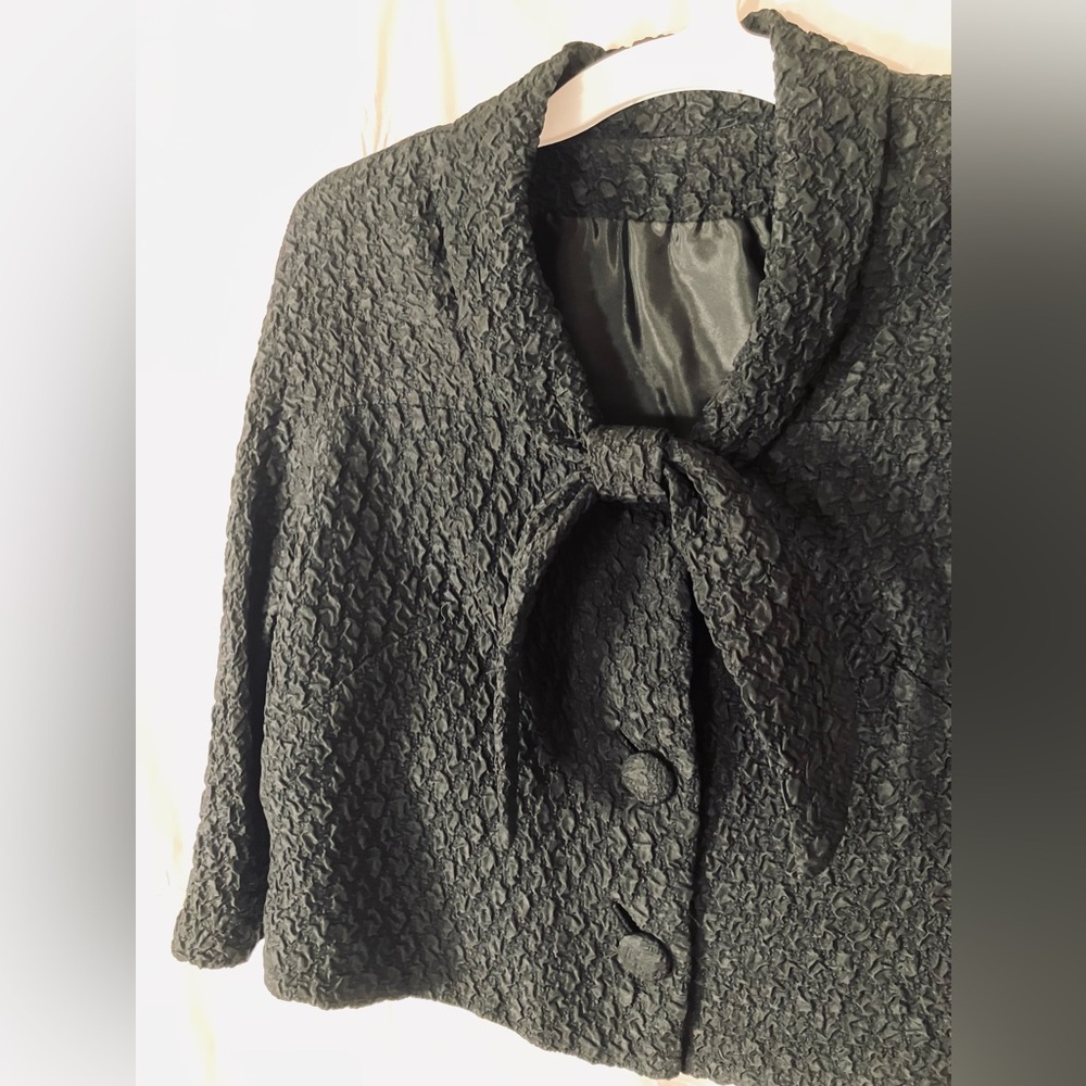 Vintage Textured Black Jacket with Bow Collar Detail